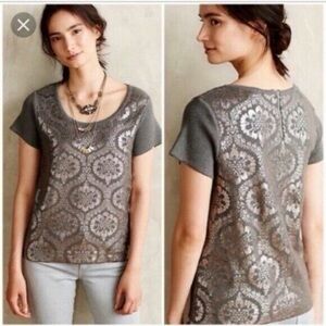 Anthropologie Top - Moth -  Gray and Silver Medallion Print Short Sleeve